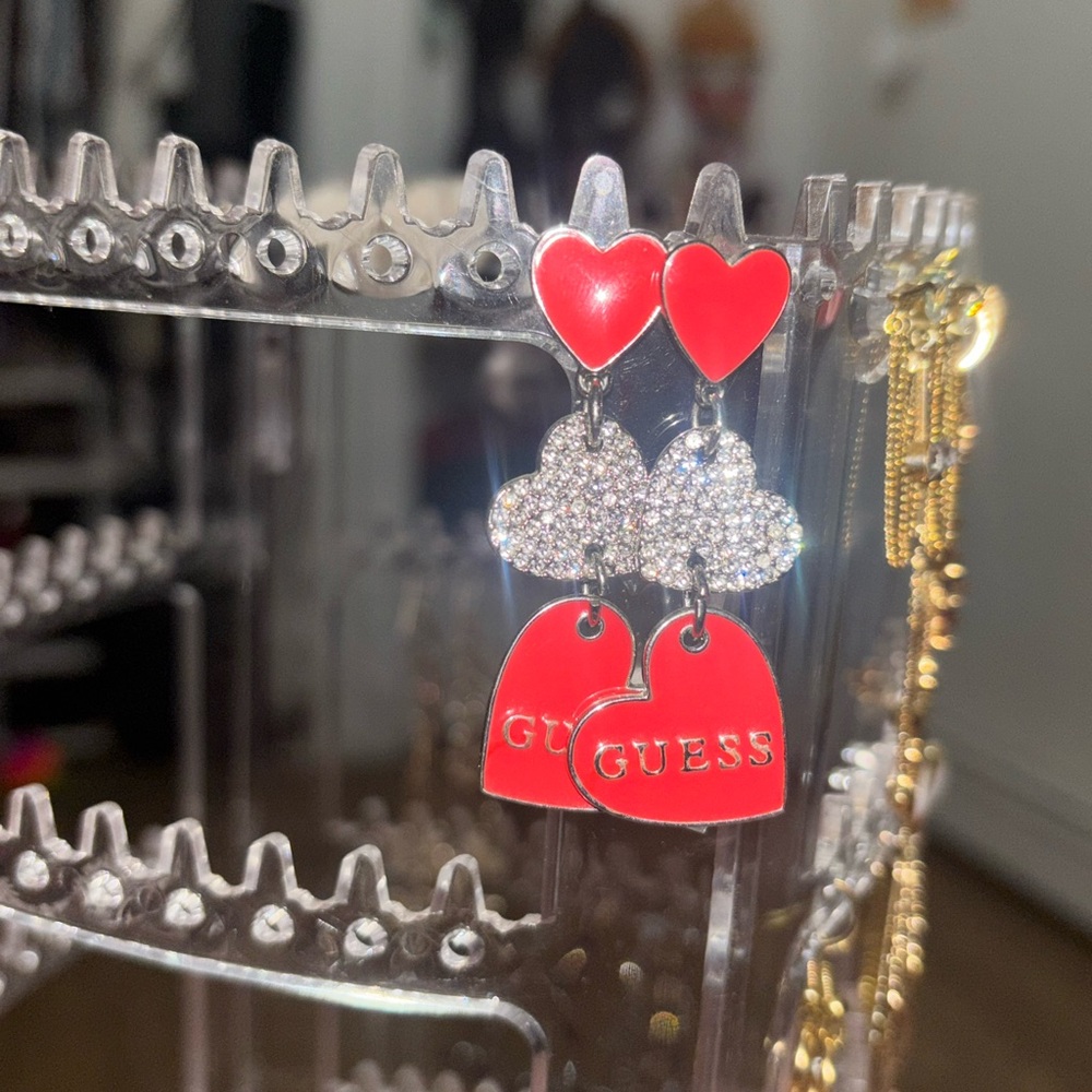 Guess Red Heart and Cloud Dangle Earrings